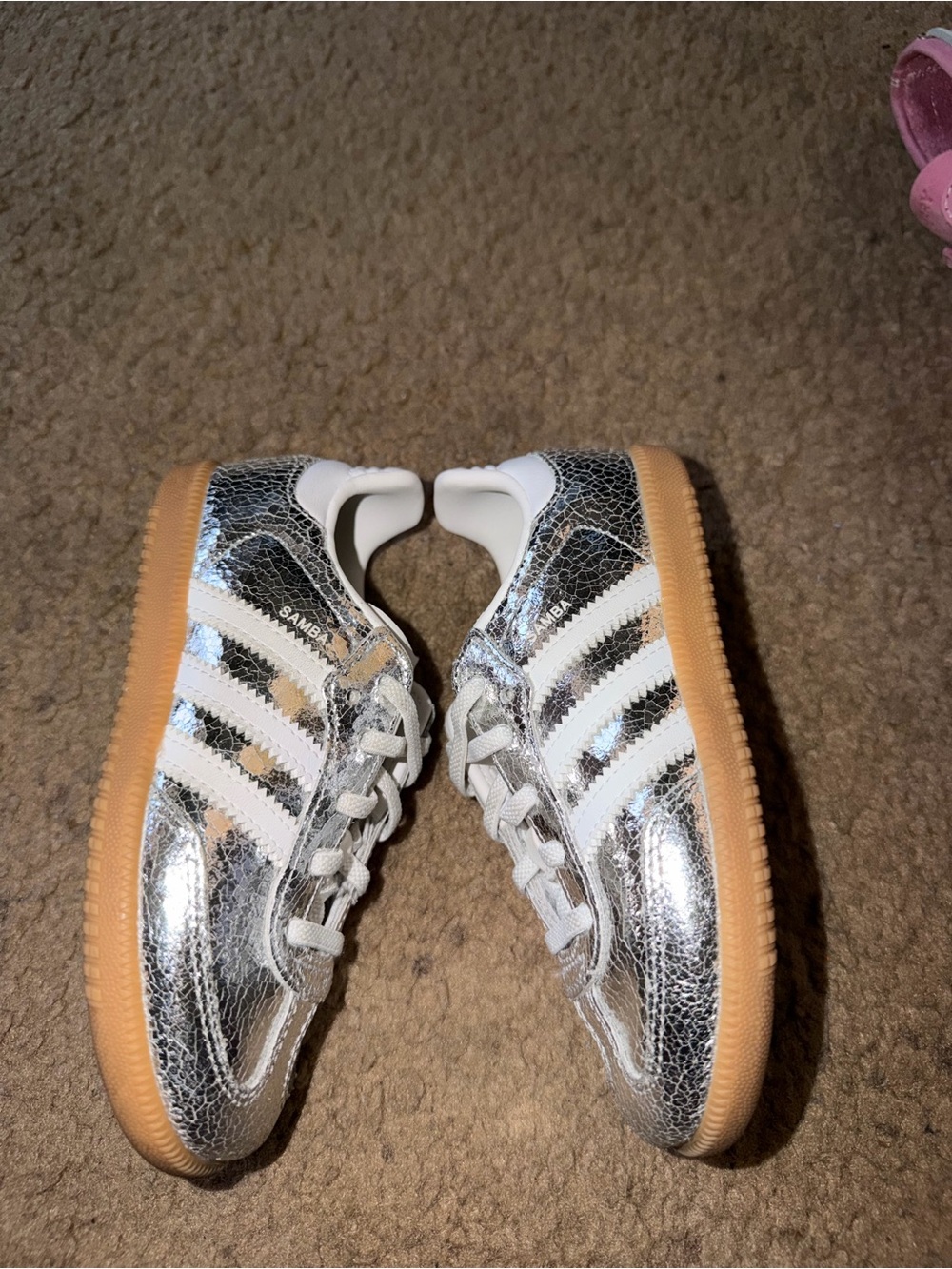 adidas Kids Samba Metallic Silver with White Stripes and Gum Sole
